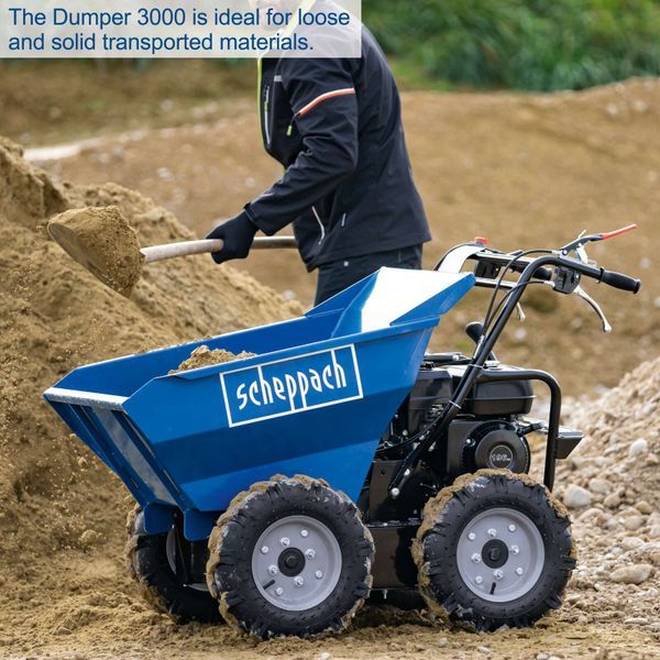 Scheppach DP3000 Dumper, 5.6hp Petrol Engine, 300kg Payload, All-Wheel Drive Scheppach DP3000 Dumper, 5.6hp Petrol Engine, 300kg Payload, All-Wheel Drive